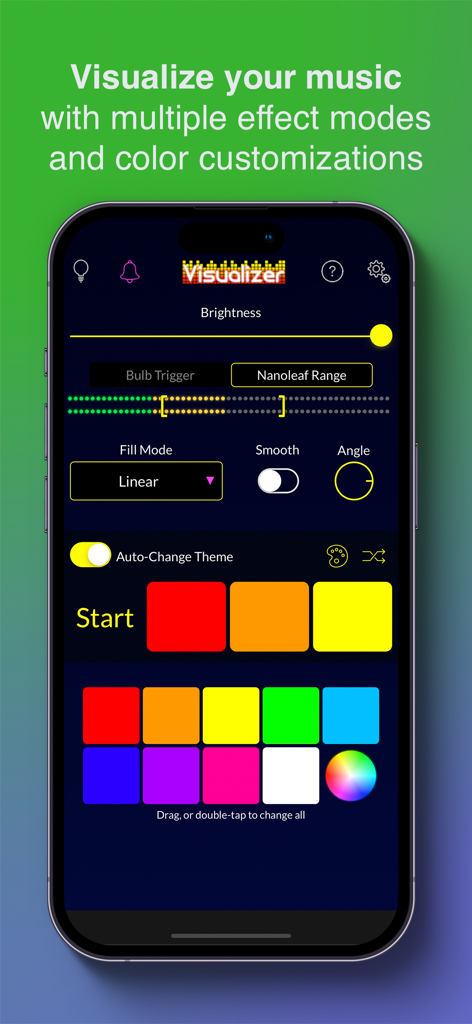 Smartphone screen showing the Light DJ Visualizer app interface with color palettes and music effect settings