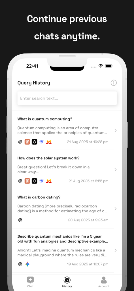 Apollo: Multi-Model AI Chat - Apollo AI chat query history screen showing previous chats with multiple AI models