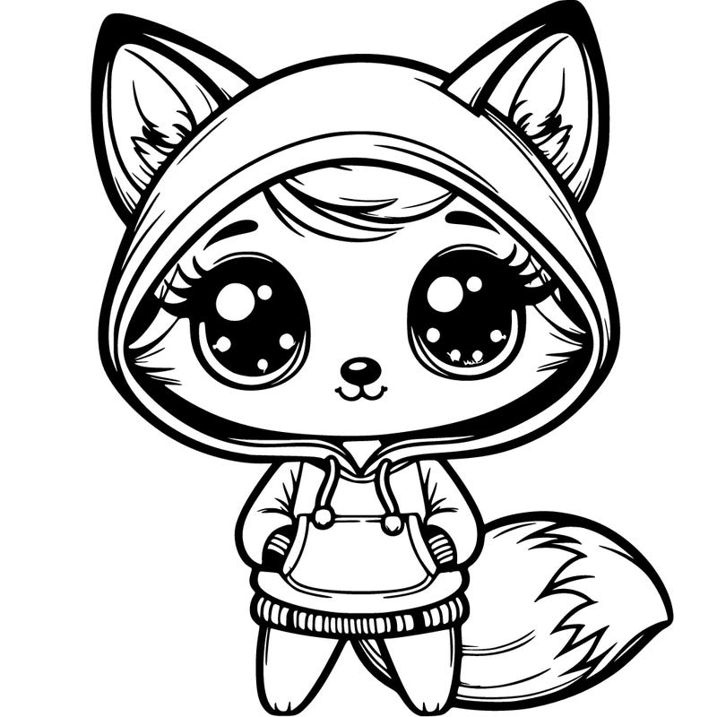 one with big beautiful eyes wearing a fox hoodie, full body