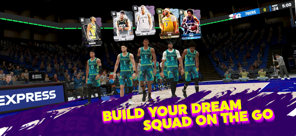 NBA 2K24 MyTEAM - NBA players on court with digital MyTEAM cards showing player ratings