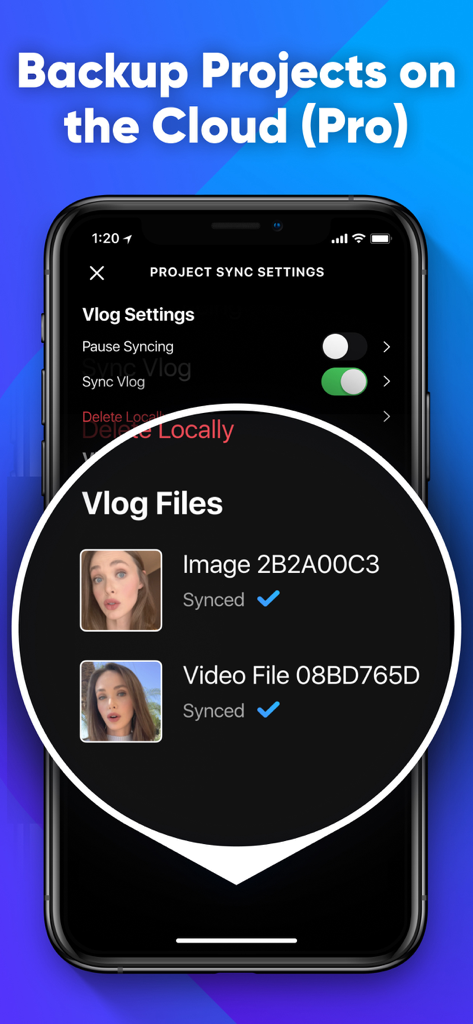 Interface of VideoEasy app showing cloud backup and sync settings for vlog projects