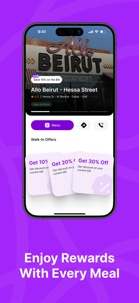 Smartphone screen displaying restaurant discounts and walk-in offers in the qlub Plus lifestyle app