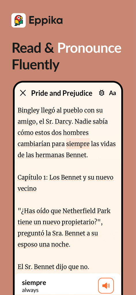Eppika: Read & Learn Languages - Aplicativo Eppika mostrando uma tradução em espanhol de Orgulho e Preconceito com definições de palavras e suporte à pronúncia.