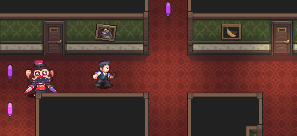 Super Dark Deception - Cena de pixel art de 16 bits de Super Dark Deception em vista de cima, mostrando um personagem fugindo de um monstro Murder Monkey em um corredor de hotel.