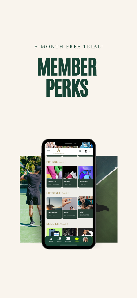 Mobile App-Ansicht des All Court Tennis Club mit Mitgliedervorteilen und Lifestyle-Prämien