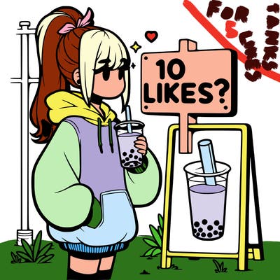 girl with oversized hoodie drinking boba and she has a high ponytail with a sign that says 10likes?