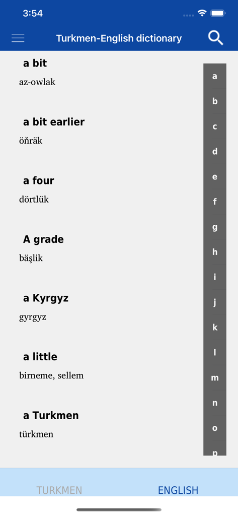 Lista de tradução de inglês para turcomeno em uma interface de dicionário