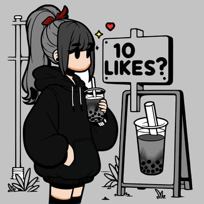 girl with oversized hoodie drinking boba and she has a high ponytail with a sign that says 10likes?