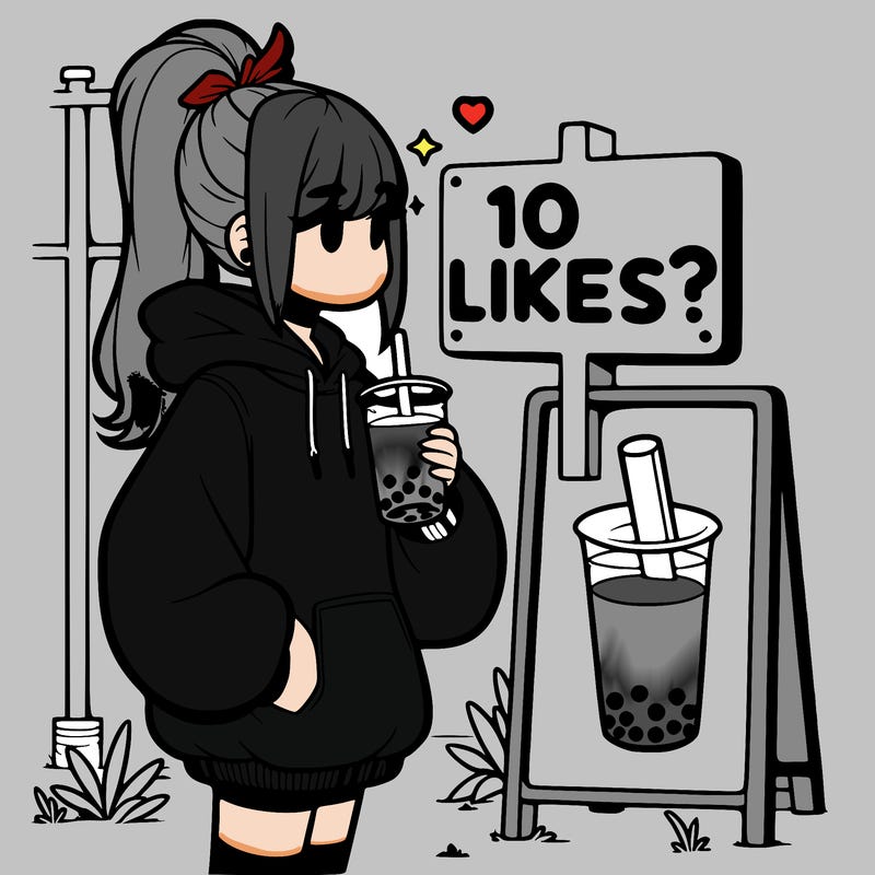 girl with oversized hoodie drinking boba and she has a high ponytail with a sign that says 10likes?
