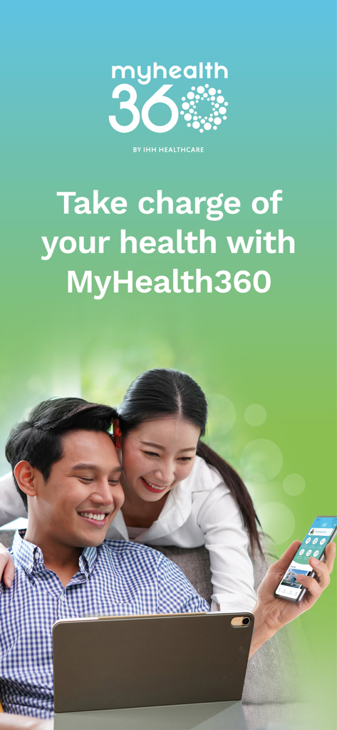 A smiling couple managing their health using the MyHealth360 Malaysia app on a smartphone and tablet