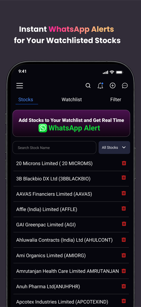 Whalesbook - Whalesbook app interface showing stock watchlist and real-time WhatsApp alert banner