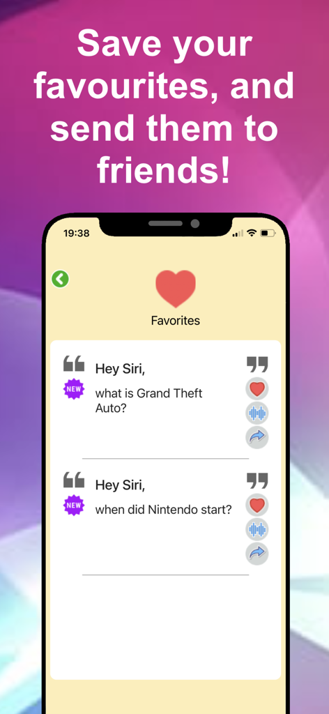 Mobile app screen showing favorite Siri commands with save and share options