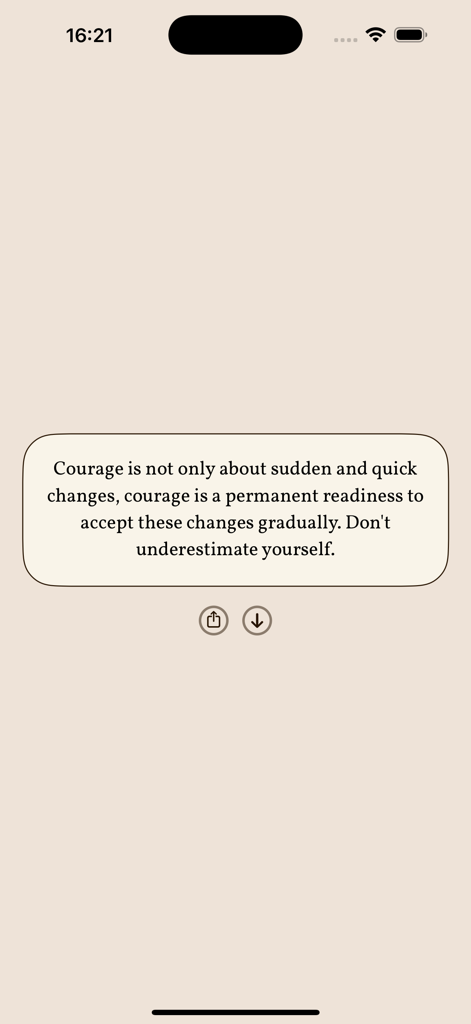 Fortune Cookie: daily quotes - Pantalla minimalista de la aplicación móvil que muestra una cita motivacional sobre el coraje con opciones para compartir y descargar