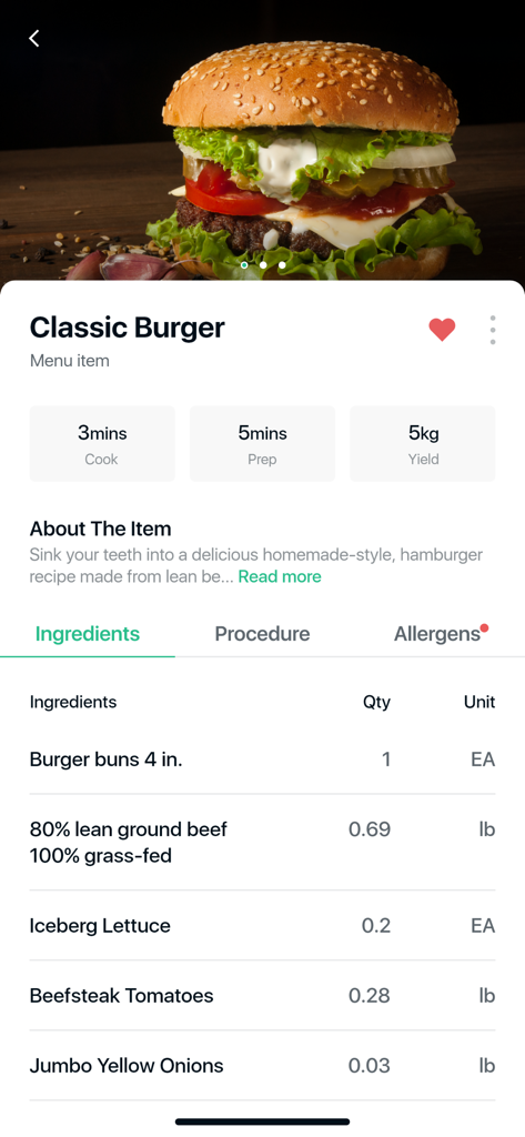 MarketMan-App, die Rezeildetails und Zutaten für einen klassischen Burger anzeigt.