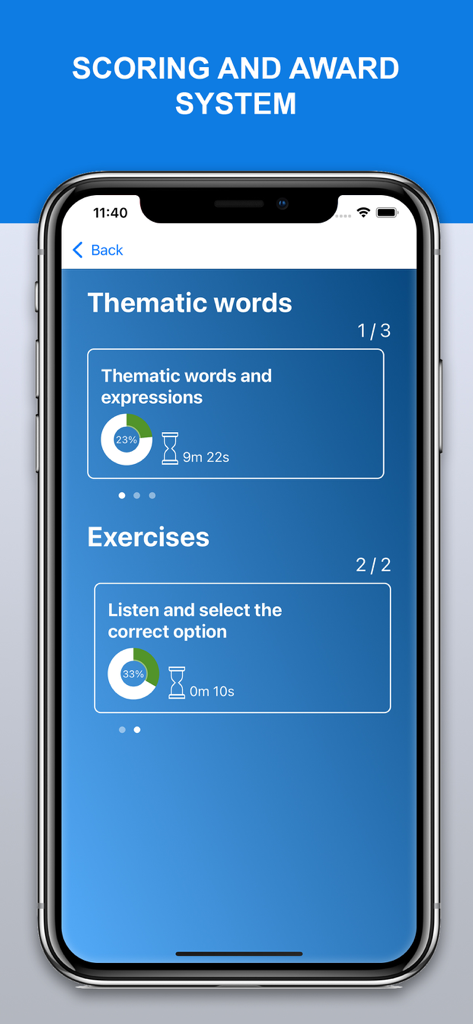 Learn Armenian with AVC - Schermata dell'app mobile che mostra il sistema di punteggio e premi per le parole tematiche e gli esercizi di lingua armena