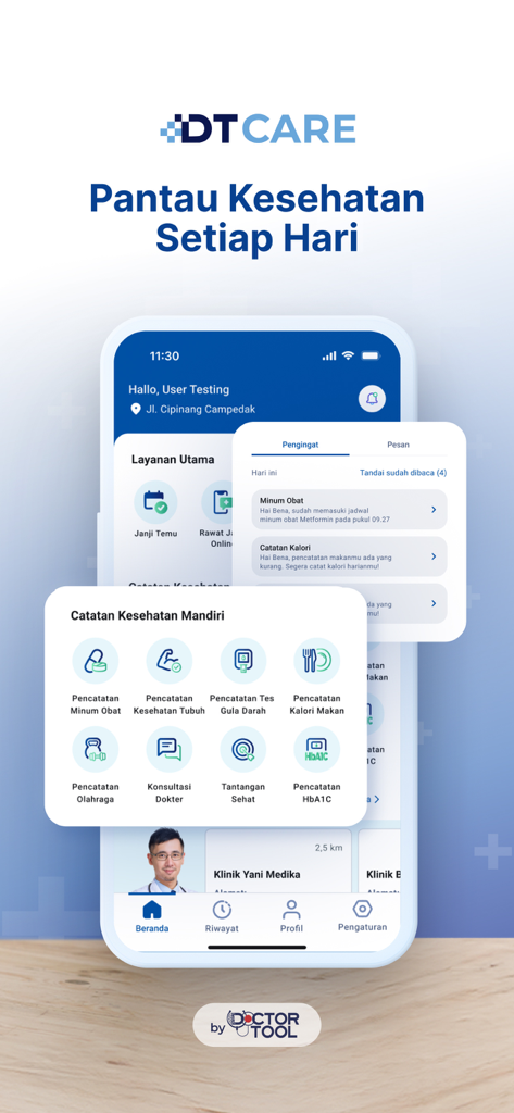 DT Care - DoctorTool Mobile - DT Care mobile app interface showing health tracking features like medicine reminders calorie logs and appointment booking