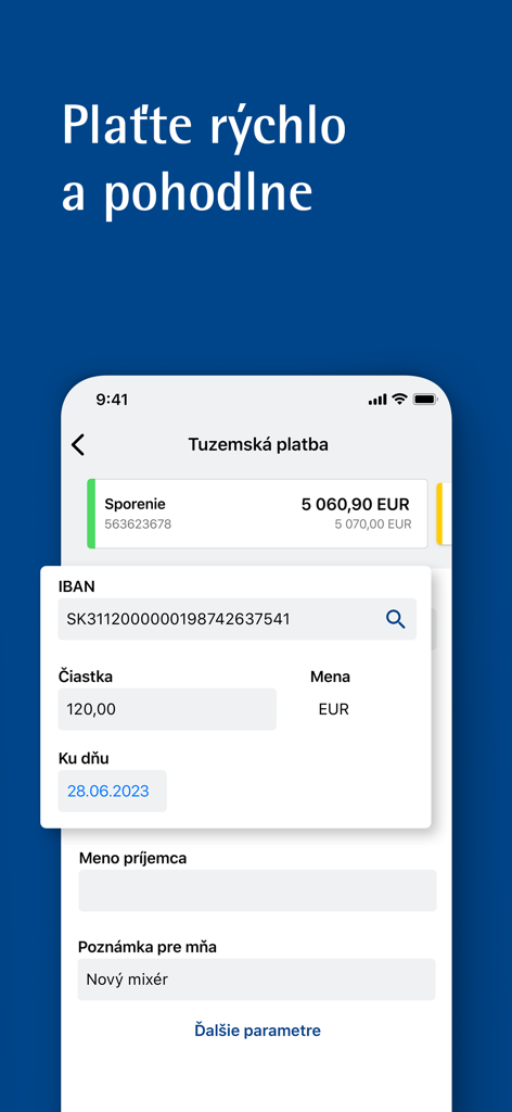 Interface de pagamento doméstico no aplicativo Fio Smartbanking SK mostrando IBAN e detalhes da transferência