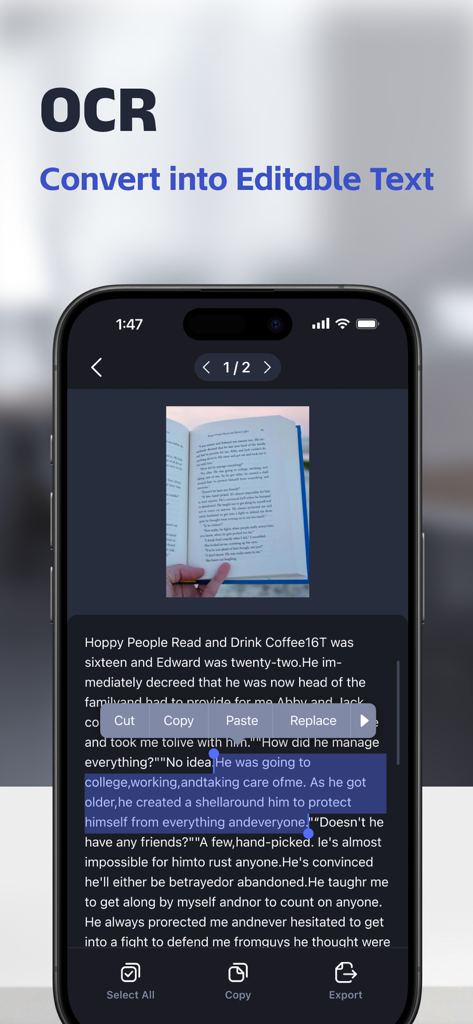 Power Scan-PDF Scanner - Una pantalla móvil que muestra la función OCR de Power Scan convirtiendo una página de libro escaneada en texto editable en un iPhone
