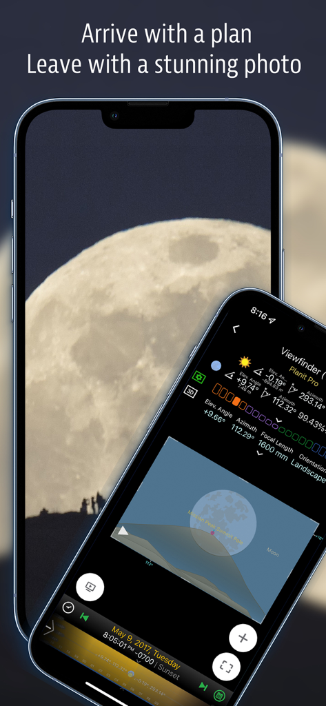 Planit Pro app screenshot showing moon alignment planning and viewfinder simulation for landscape photographers