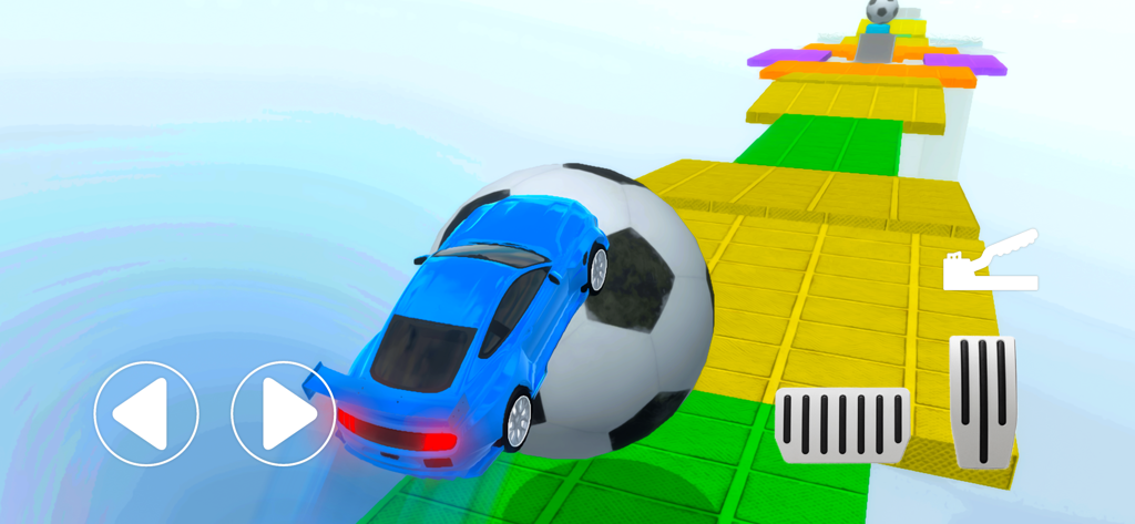 Car Crash - Stunt Parkour - A blue sports car performing a stunt on a giant soccer ball on a colorful sky-high mega ramp.