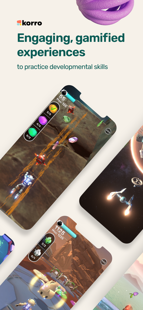Korro - Écrans mobiles affichant un exercice d'ergothérapie gamifié sur le thème de l'espace pour enfants