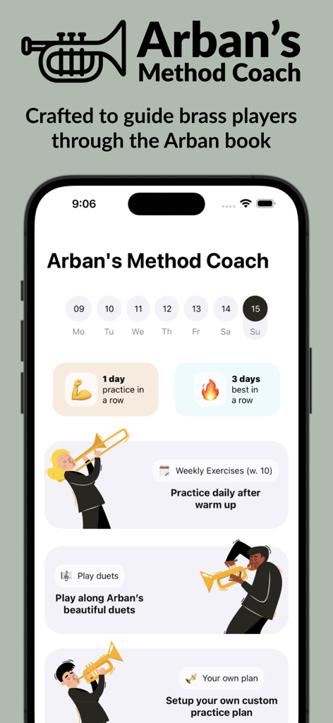 Arban's - Arbans Method Coach app interface showing a weekly practice schedule and sections for brass instrument exercises.