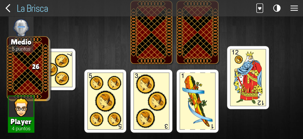 Briscola - La Brisca - Pantalla del juego móvil Briscola La Brisca que muestra cartas de baraja española y avatares de jugador