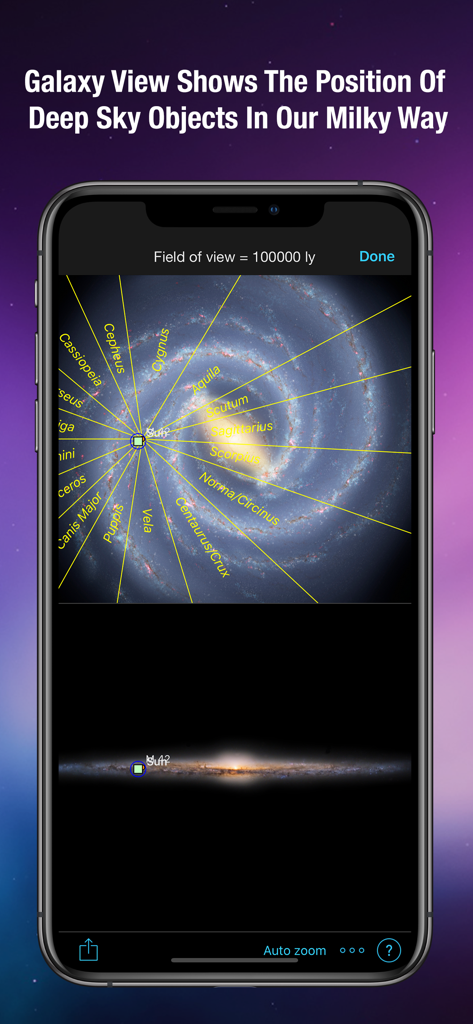 SkySafari 6 Pro - SkySafari 6 Pro app screen displaying the Galaxy View feature showing the position of deep sky objects within the Milky Way