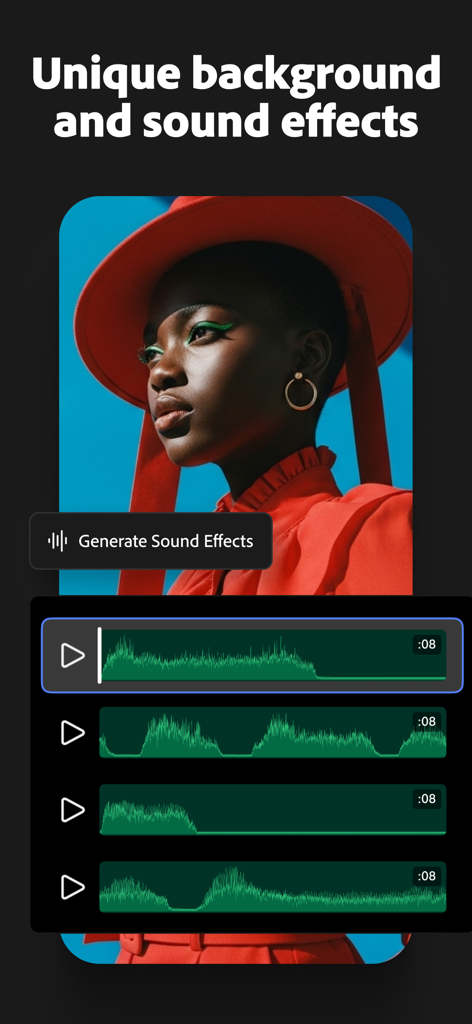 Adobe Firefly app interface showing AI sound effect generation with waveforms and a creative background