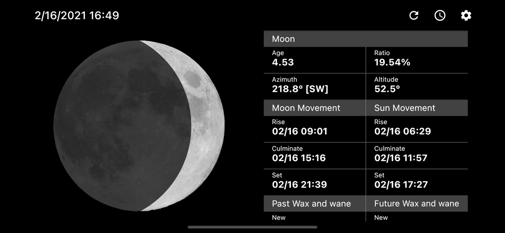 Interface of Diana app showing moon phase age ratio and rise set times