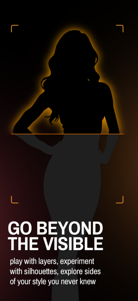 A woman silhouette with glowing orange outlines and text about exploring fashion silhouettes and layers