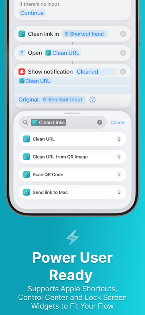 Clean Links - QR Code Reader - Clean Links app interface showing Apple Shortcuts and Control Center integration for power users