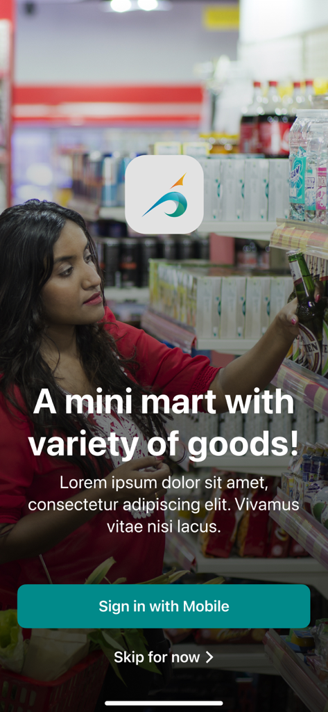 SIMDI Online app welcome screen featuring a woman shopping in a grocery aisle with the text a mini mart with variety of goods