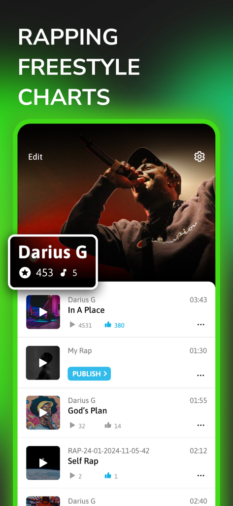 Self Rap - Fame Rapping Studio - Artist profile page showing a list of rap tracks with stats and social interaction buttons in the Self Rap app.