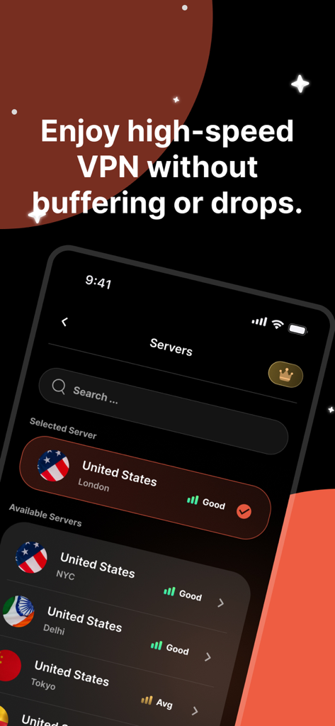 Tomator VPN app interface showing a list of global high speed servers for fast streaming