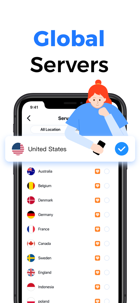 A mobile screen showing a list of international server locations available in the SkyVPN app.