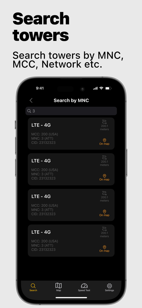Tela de smartphone mostrando a interface de busca do aplicativo Signal Finder com uma lista de torres LTE 4G categorizadas por MNC e MCC