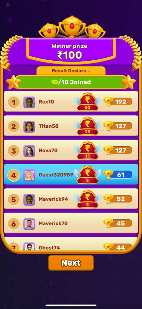 Ludo Cash - Leaderboard screen in the Ludo Cash app showing player rankings and earned cash prizes after a tournament.