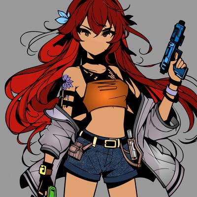 bad girl wearing crop top holding a gun long hair anime