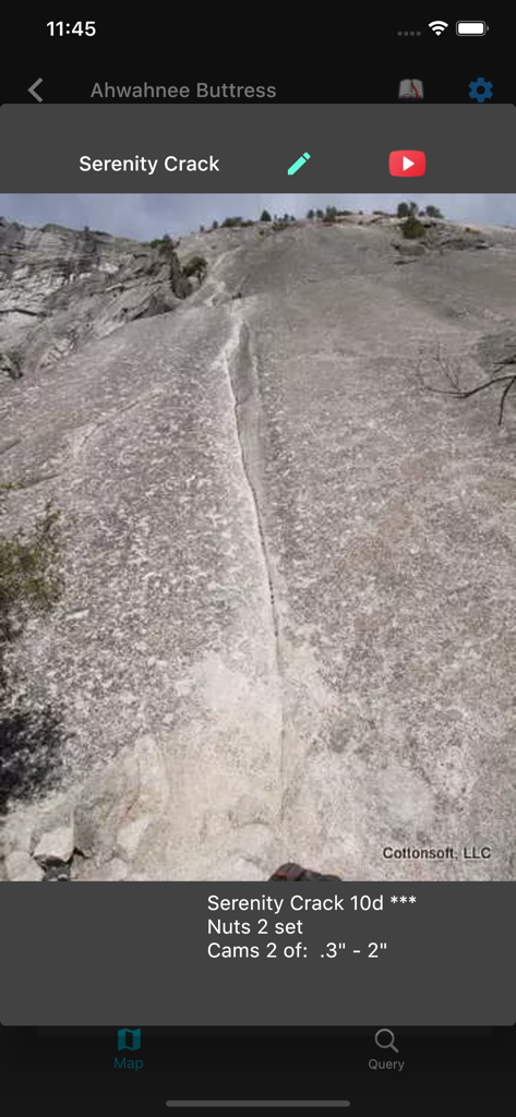 Detalles de la ruta de escalada Serenity Crack en la aplicación de guía del Valle de Yosemite