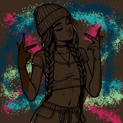 realistic teenage girl with braids and a beanie and crop top doing 🫶🏼