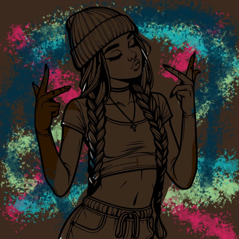 realistic teenage girl with braids and a beanie and crop top doing 🫶🏼