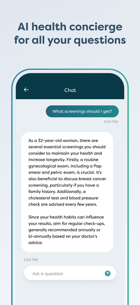 AI health concierge chat interface in the Death Clock app providing personalized longevity advice