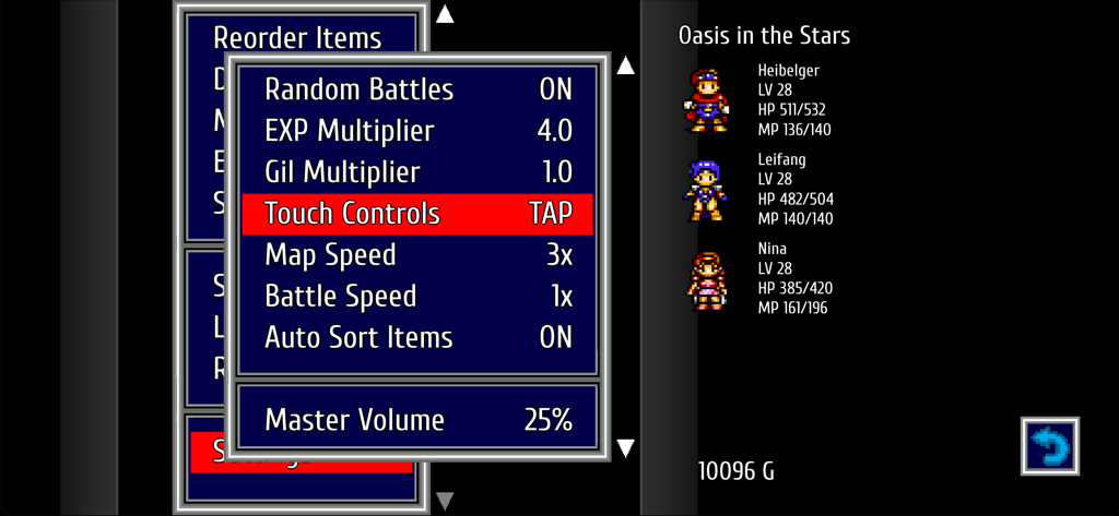 Vay - Settings menu in the Vay RPG showing experience multipliers and character stats