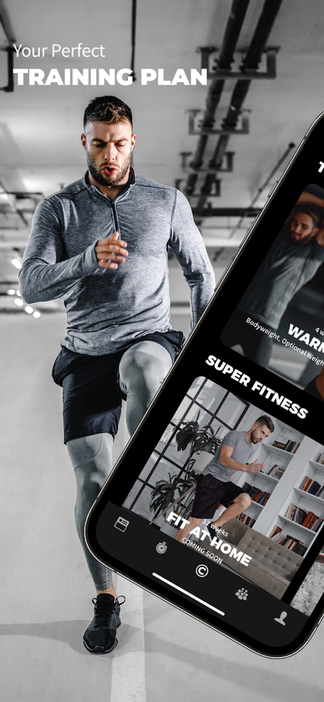 Un uomo che corre con una sovrapposizione dell'app Goliaz che mostra piani di allenamento personalizzati per casa e palestra