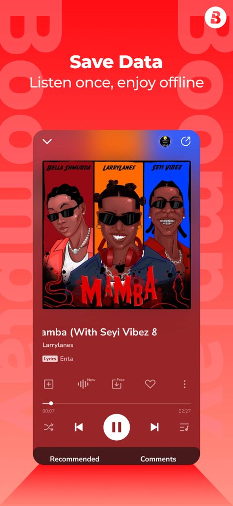 Boomplay Lite：Music Player Pro - Boomplay Lite App-Oberfläche, die den Offline-Musik-Player und die Funktion zum Speichern von Daten mit einem Afrobeats-Track zeigt