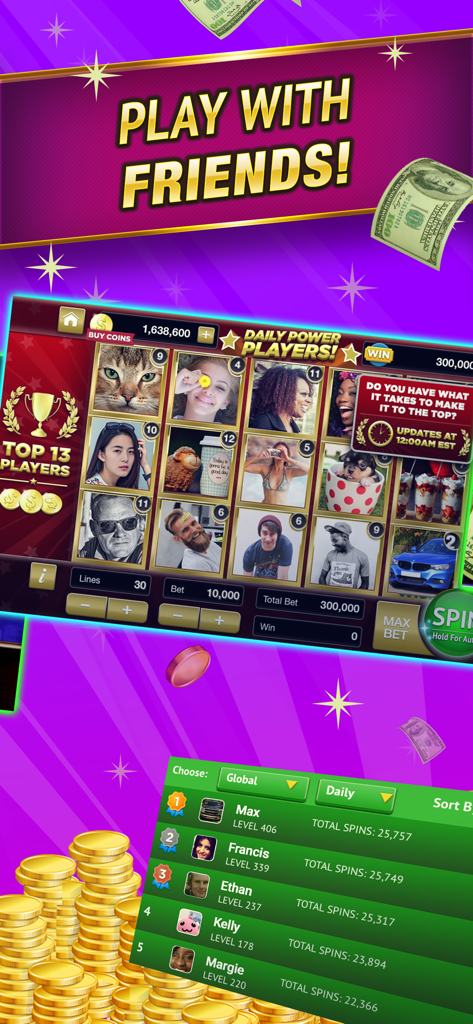SpinToWin Slots & Sweepstakes - Mobile game interface showing top daily players and a global leaderboard for SpinToWin Slots.