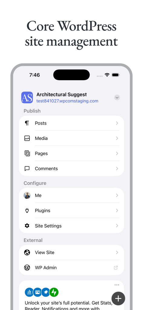 WordPress – Website Builder - Painel do aplicativo WordPress para gerenciar posts, páginas e mídias.