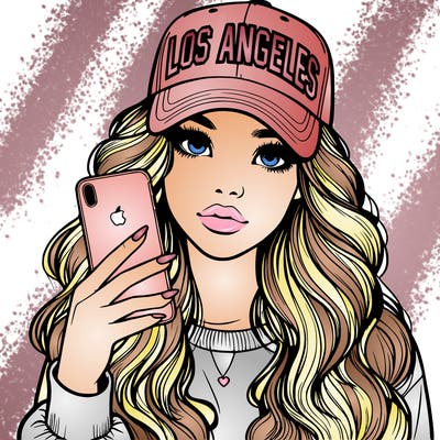 realistic beautiful girl wearing los ángeles cap holding an iphone