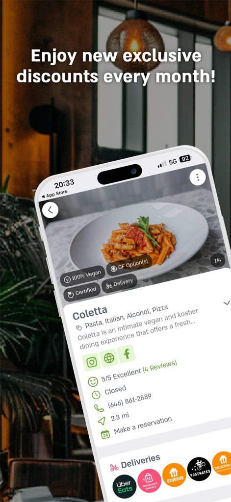 Vegan Friendly - Vegan Friendly app interface showing a restaurant profile for Coletta with a plate of pasta and delivery options.